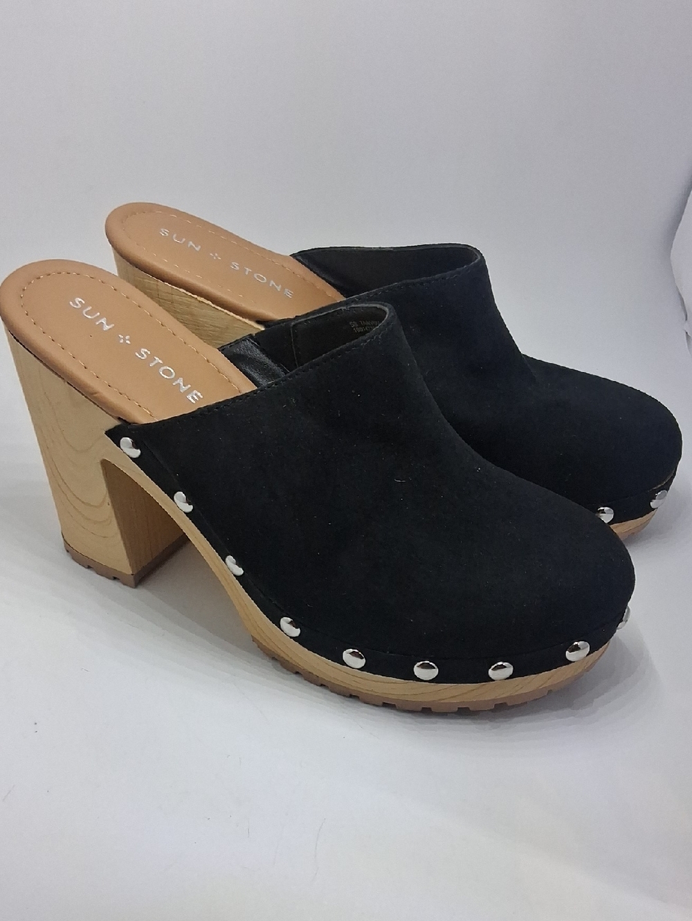 Sun + Stone Black Suede Studded Wood-Effect Clogs Nwot